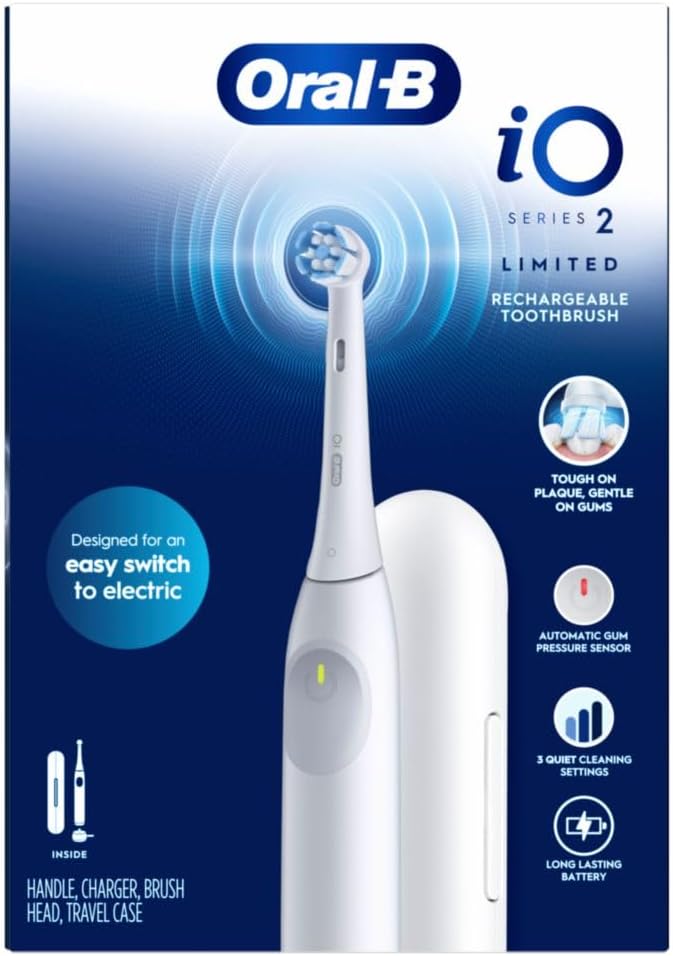 Oral-B Rechargeable Electric Toothbrush, iO Limited Simple Clean, 3 Cleaning Modes, Automatic Pressure Sensor to Protect Gums, Travel Case, White (Pack of 3)