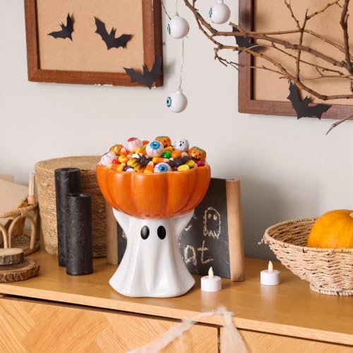 Rtteri Halloween Ghost Candy Bowl Ceramic Ghost Pumpkin Candy Dish 6.8 in