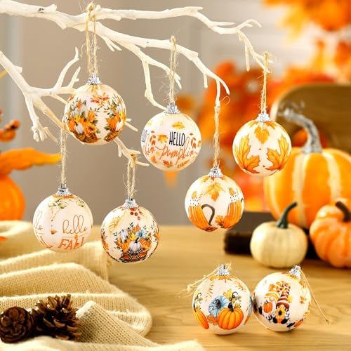 Outus 16 Pcs Fall Ornaments for Tree Autumn Thanksgiving Ball Decorations Pumpkin Maple Leaf Hanging Ornament for Fall Autumn Harvest Home Fireplace and Holiday Party Supplies