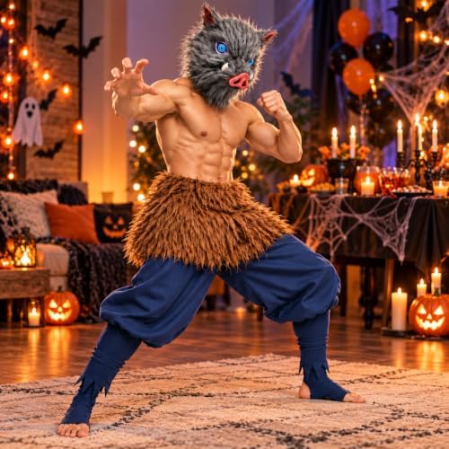 4 Pcs Wild Boar Costume Adult Men Mask Apron Set Anime Cosplay