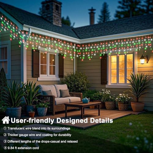 33ft Red White and Green Christmas Lights, 400 LED Icicle Lights for Outside, Clear Wire Connectable Twinkle Light with 8 Modes Timer Waterproof for House Window Party Tree Holiday Patio Yard Home