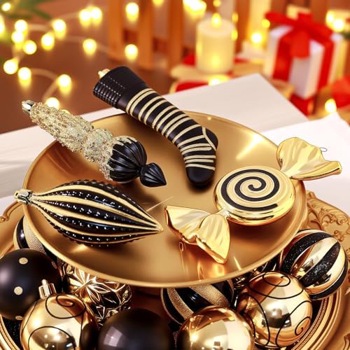 SHareconn 145pcs Christmas Balls Ornaments Set, Shatterproof Plastic Baubles Snowflakes, Xmas Tree Holiday Wedding Party Decorations with Hanging Strings, Gold and Black