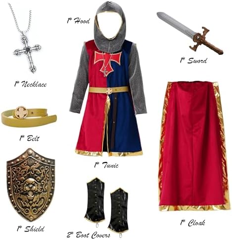 8 Pcs Medieval Kids Knight Costume for Boys and Girls with Cape Shield Sword