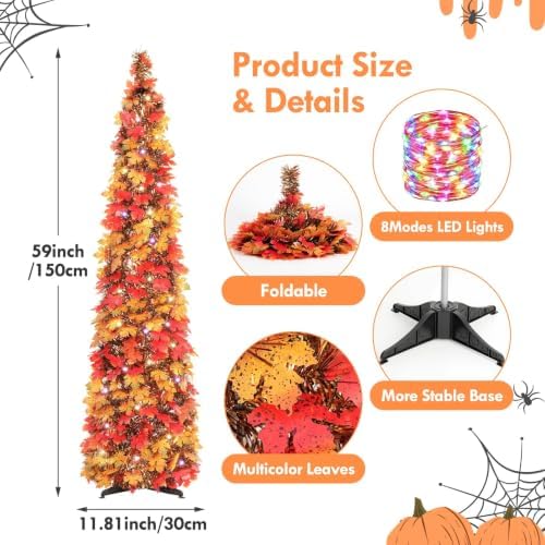 N&T NIETING Fall Tree Home Decor, 5FT Pop Up Tree with Lights & Timer & 8 Modes, Collapsible Tinsel Pencil Tree for Autumn Harvest Porch Thanksgiving Party Decorations, Fall Maple Leaves