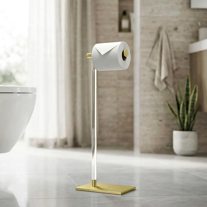 Gatco 1331B Toilet Paper Holder Stand, Brushed Brass with Acrylic Post, Rectangle Weighted Base, Freestanding Bathroom Floor Stand, 22.25 Inch