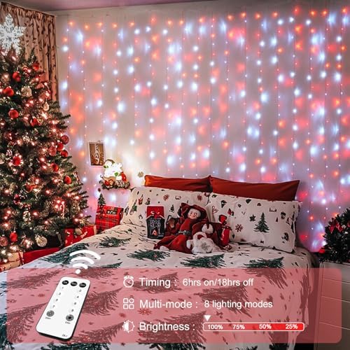 JMEXSUSS 300LED Red and White Christmas Curtain Lights for Bedroom, Plug in