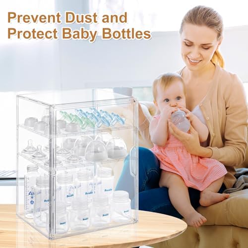 ERTIUANIO Baby Bottle Organizer – 3 Tier Bottle Storage Organizer Baby for Nipples, Pump Parts, Food Jars – Clear Acrylic Bottle Station Organizer for Countertop and Kitchen, Gifts for New Mom