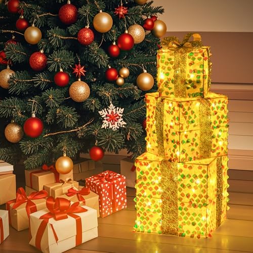 Tangkula Set of 3 Christmas Lighted Gift Boxes