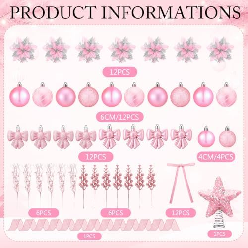 78 Pcs Christmas Tree Decorations Star Topper Ornaments Artificial Poinsettia Flowers Pink Balls Velvet Bow Berry Picks Christmas Tree Hanging Ornaments for Xmas Home Office Decorations