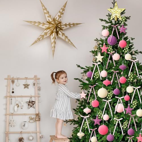 Hollowfly 95 PCS Velvet Christmas Tree Decor Set, Pink, Beige