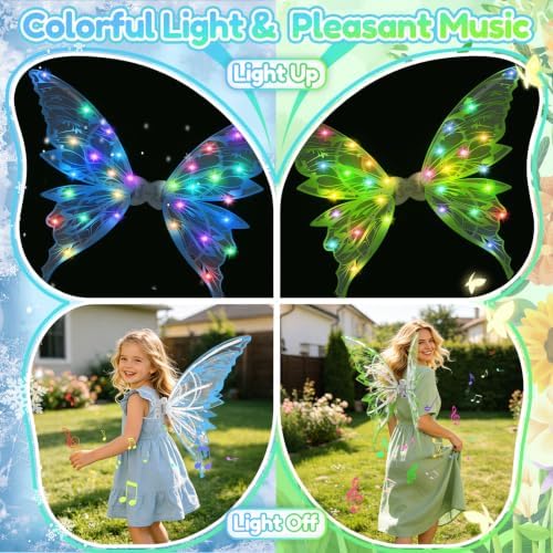 Light Up Fairy Wings for Girls, 2 Packs Electric LED Butterfly Wings Fairy Costume, Fairy Wings Kids Dress Up Toys, 3 Wearing Styles Pretend Play Toys for Halloween Christmas Birthday Gifts Ages 3+