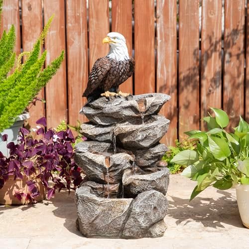 Glitzhome Outdoor Water Fountain with Lights, 4-Tiered Eagel Outdoor Fountain, 25.25" H Polyresin Decorative Waterfall Feature Garden Fountain with Pump for Garden, Patio, Yard, Deck, Porch Decor