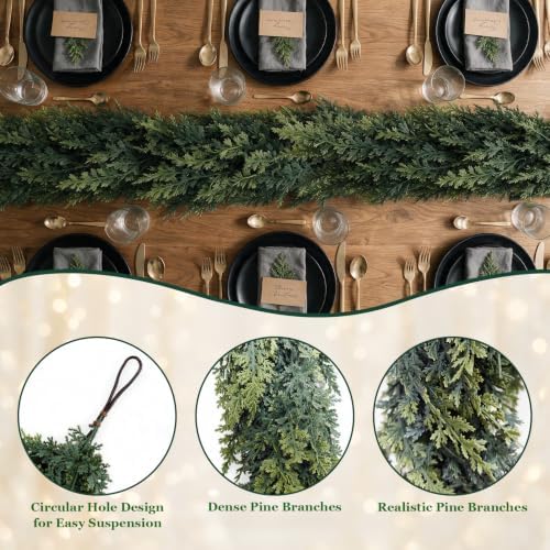 9FT Christmas Cedar Garland, Realistic Artificial Pine Greenery Garland with Flexible Wired Branches, Faux Holiday Garland for Mantle, Fireplace, Staircase, Table, Door, Indoor Outdoor Winter Decor