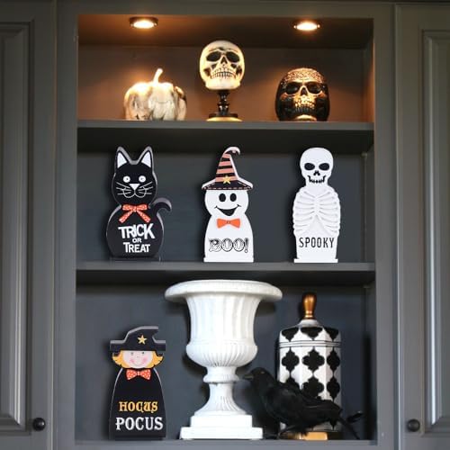 Halloween Decorations Indoor, DECSPAS 4 PCS Wood Blocks Halloween Table Decor, Ghost Black Cat Skull Witch Gothic Tabletop Ornaments, Hocus Pocus Decorations for Home, Tiered Tray, Shelf, Mantel