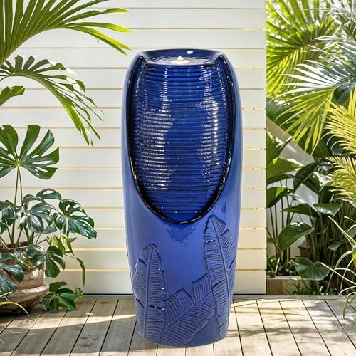 Autodaya 33" Outdoor Fountain with LED Lights, Rich Blue Glaze Ceramic Jar