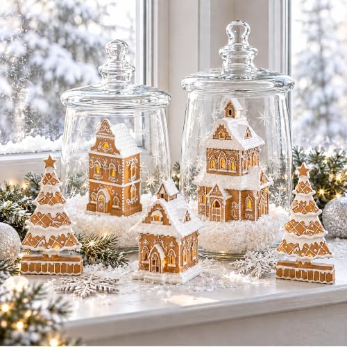 Gingerbread House Christmas Decorations - 5PCS Village Set with Trees