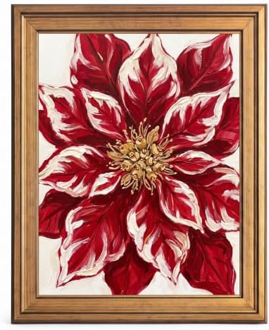 Framed Canvas Wall Art Expressive Painterly Red Poinsettia Deep Red and Creamy White Impasto Canvas Print Poster Gold Frame Wall Decor for Living Room Bedroom Floral Art, Holiday Decor - Inch 8x10