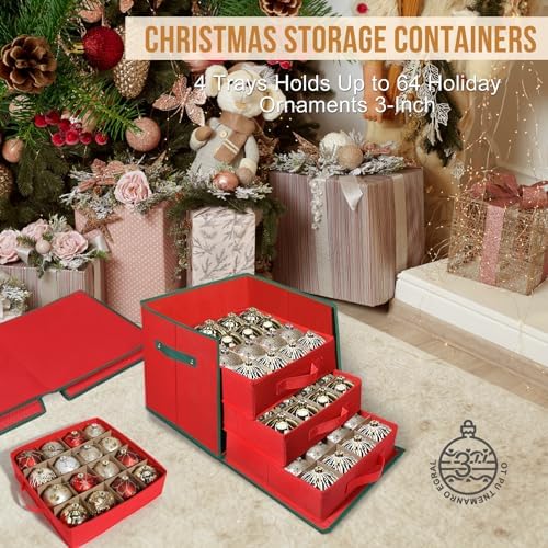 Premium Christmas Ornament Storage Box Keeps 64 3" & 4 Individual Trays ﻿