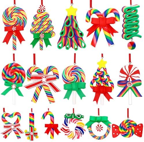 AUGSUN 16Pcs Christmas Lollipop Ornaments, Rainbow Colorful Mini Candy Cane