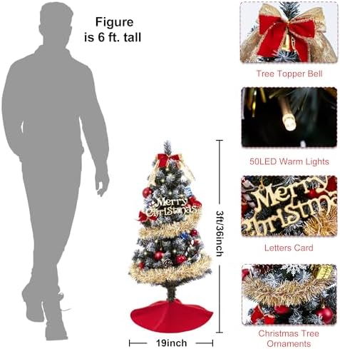 3ft Christmas Tree with Lights, Christmas 36inch Small Artificial Tabletop Tree, Xmas Desk Mini Tree with 50 LED Lights, Hanging Ornaments Decorations, Holiday Tree for Home Decor, Indoor, Office