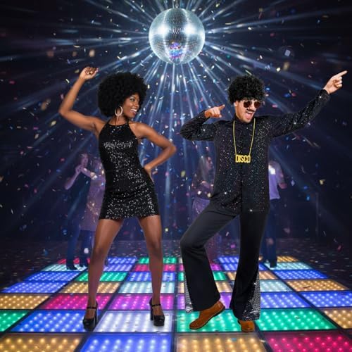 Mepase 6 Pcs Men 70s Disco Outfit Bell Bottom Pants Wig