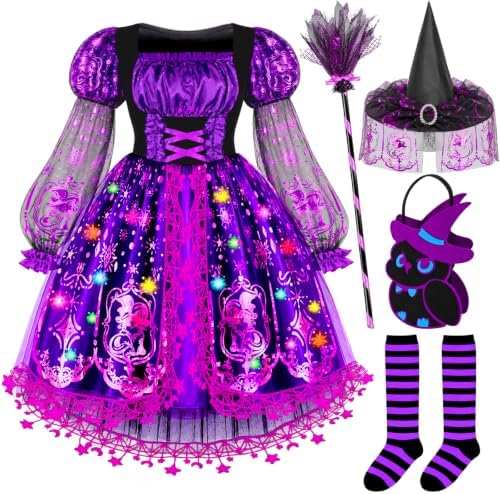 Witch Costume for Girls, Light Up Halloween Costume for Kids 3-10