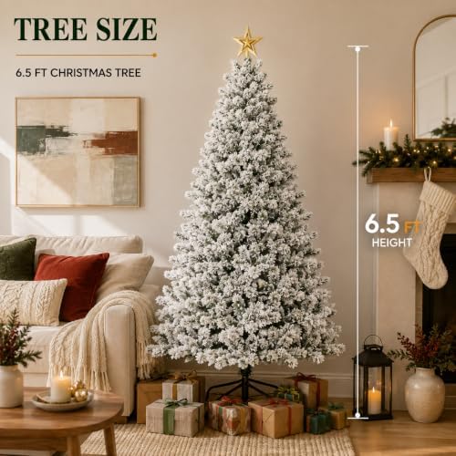 XtremepowerUS 6.5FT Pre-Lit Snow Flocked Artificial Christmas Tree with Warm White Lights, Snowy PVC Branch Tips & Gold Star Topper, Green & White Holiday Christmas Tree