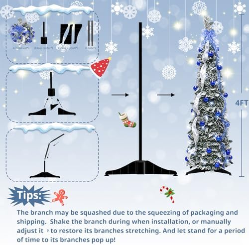4FT Pop Up Christmas Tree Pre-lit Green Snowy Pencil w/Blue Bow,60 Lights