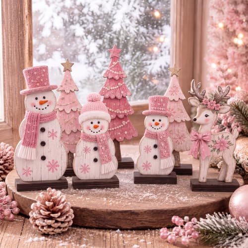 7 Pcs Christmas Table Decor Wooden Snowman Tree Deer Decor, Pink