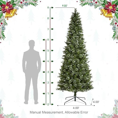 Glitzhome Prelit Christmas Tree, 9ft Artificial Christmas Tree Green Charming Cashmere Slim Pine with 450 Warm White and Multi-Color Globe LED Lights, 9 Function w/Foot Pedal and Remote Control