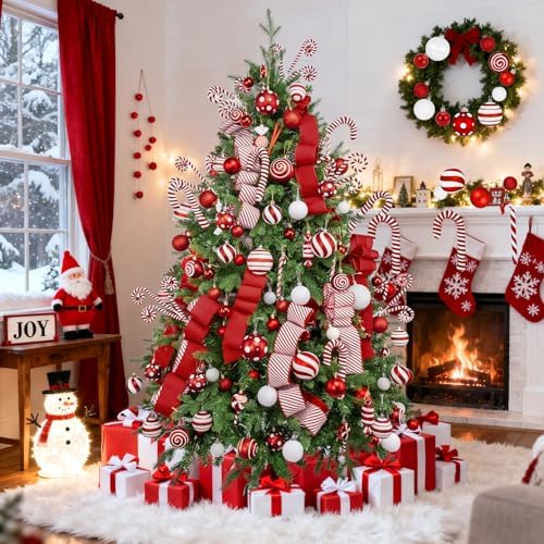 88 Pcs Candy Cane Red and White Christmas Tree Ornaments Set
