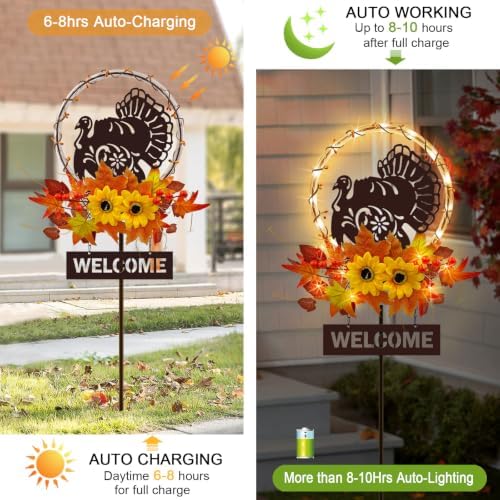 Thanksgiving Turkey with Welcome Sign,Solar Lights Outdoor Fall Decorations