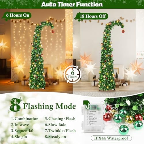 Whimsical Christmas Tree with Ball String Lights, 5FT Pop Up Curved Tree