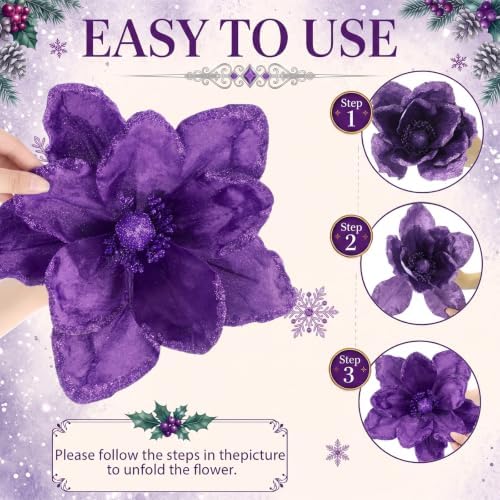 Thiccywoov 8 Pcs Large 12" Christmas Magnolia Flowers, Purple