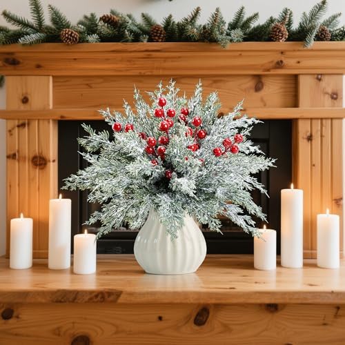 60 Pcs Artificial Christmas Snow Pine Branches with Red Berry Stems, Snowy Faux Greenery Norfolk Pine Cypress Leaves Stems, Berries White Frosted Fake Foliage Pine Needle Picks for Garland Home Decor