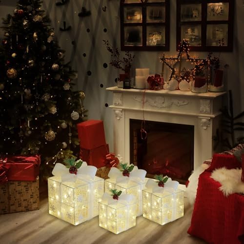 Set of 4 Christmas Lighted Gift Boxes, White Snowflake Holiday Decor