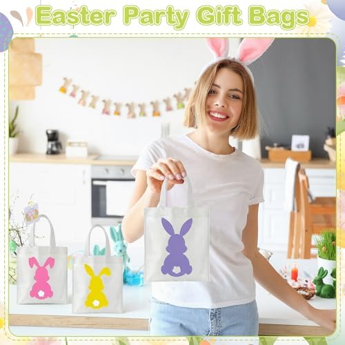 Sweetude 120 Pcs Easter Tote Bags Bulk with Handles Bunny Reusable Party Non Woven Treats Goodie Bags for Easter Party Supplies (Bunny)