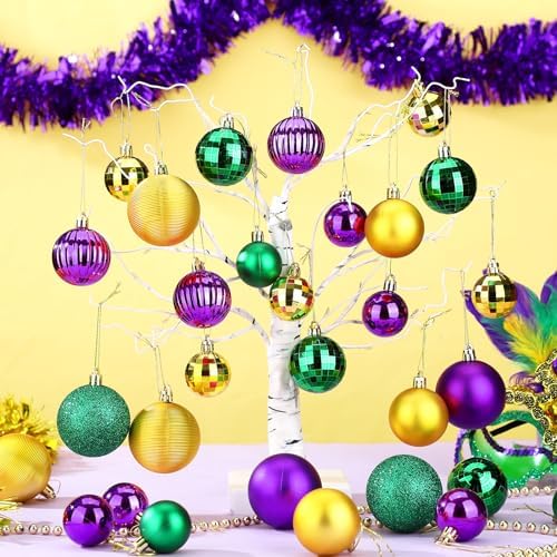 Lunmon 64 Pcs Mardi Gras Christmas Ornaments Purple Yellow Green Xmas Bulbs