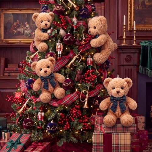 Chalyna 6 Pack Christmas Teddy Bear Decor with Velvet Tartan Bow, Green