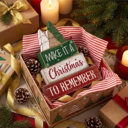 Lineshading 4 Pcs Christmas Table Decor, Wooden Neutral Tree Block Sign