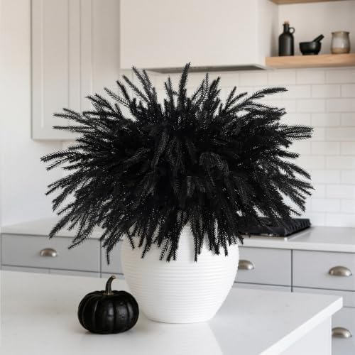 12Pcs Black Norfolk Pine Stems, Real Touch Halloween Christmas Decorations