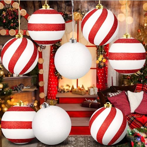 Deekin 8 Pack Extra Large Christmas Ornaments Outdoor, 6 in Red White Balls