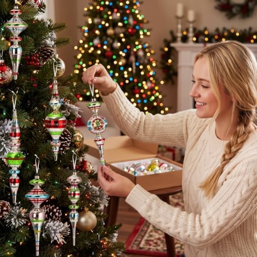 Soulchen 6 Pcs Vintage Glass Finial Christmas Ornaments Classic 9.84 Inch