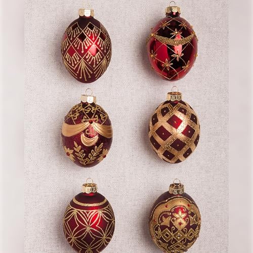 Balsam Hill Brilliant Bordeaux Egg Bauble Christmas Ornaments - Glitter & Grandeur Vintage Style Tree Decorations, 6 Pieces for Holiday Décor