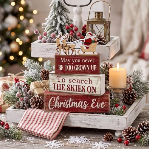 Moucuny 4 Pcs Christmas Table Decorations for Home Wooden Santa Sleigh Sign