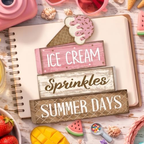 Lineshading 4 Pcs Ice Cream Summer Tiered Tray Decor Table Block Signs