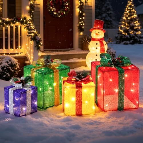 Set of 4 Christmas Lighted Gift Boxes, 70 LED Lights Present Box