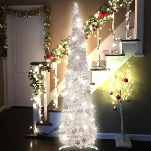 5FT Pop Up Christmas Tree Pre-lit Silver Tinsel with 60 Lights