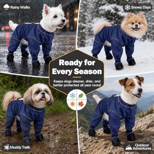 Waterproof Dog Boots Rain Boots with Suspender, Dogs Shoes Paw Protector for Small Medium Puppy, Anti-Slip Doggy Boot Belly Protector, Rain Booties Snow Pants Dogs Suspender Booties Leggings(L,blue h)