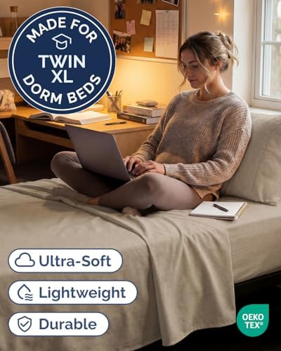 Twin XL Size 3 Piece Sheet Set - Breathable & Cooling - Heathered Beige